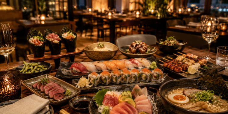 A premium Dubai Japanese restaurant table with sushi, ramen, robata, sashimi, hand rolls, elegant plates and warm golden lighting.