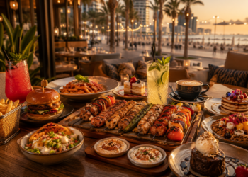 A premium JBR Dubai restaurant table with beachfront dining, burgers, pasta, Turkish grills, breakfast dishes, desserts and warm golden lighting.