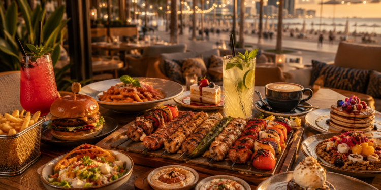 A premium JBR Dubai restaurant table with beachfront dining, burgers, pasta, Turkish grills, breakfast dishes, desserts and warm golden lighting.