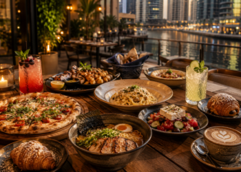 A premium JLT Dubai restaurant table with French bistro dishes, Greek plates, pizza, ramen, pastries, coffee and warm golden lighting.