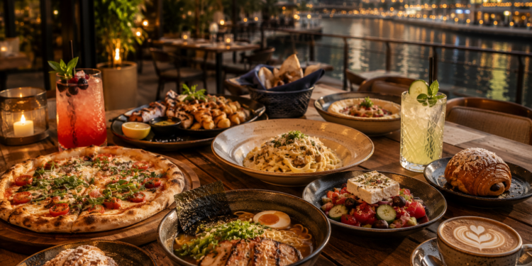 A premium JLT Dubai restaurant table with French bistro dishes, Greek plates, pizza, ramen, pastries, coffee and warm golden lighting.