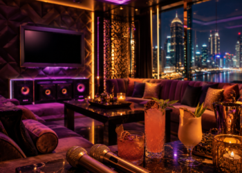 A premium Dubai karaoke lounge with stylish microphones, private singing rooms, neon lighting and luxury seating.
