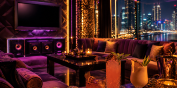 A premium Dubai karaoke lounge with stylish microphones, private singing rooms, neon lighting and luxury seating.