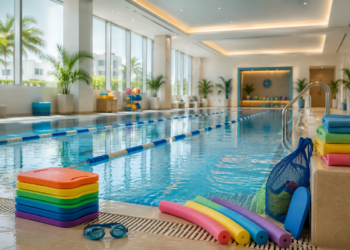Best kids swimming lessons in Dubai scene with a bright indoor swimming pool, colourful floats, lane ropes and a safe family-friendly swim academy setting.