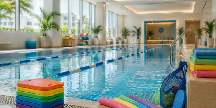 Best kids swimming lessons in Dubai scene with a bright indoor swimming pool, colourful floats, lane ropes and a safe family-friendly swim academy setting.