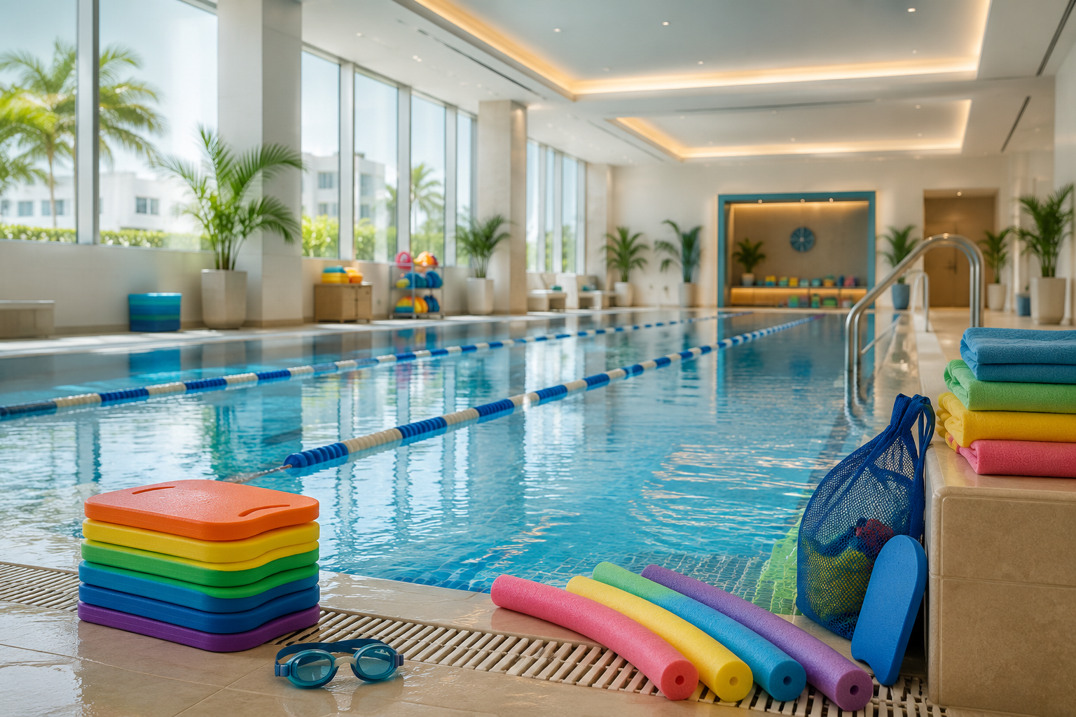 Best kids swimming lessons in Dubai scene with a bright indoor swimming pool, colourful floats, lane ropes and a safe family-friendly swim academy setting.