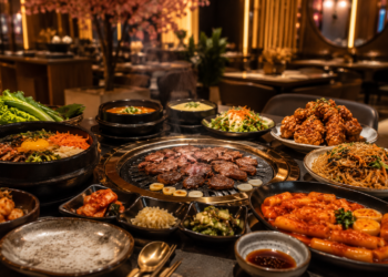 A premium Korean restaurant table with Korean BBQ, fried chicken, bibimbap, kimchi, banchan, noodles and grilled meats in Dubai.