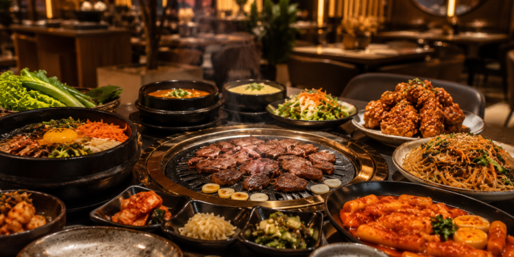 A premium Korean restaurant table with Korean BBQ, fried chicken, bibimbap, kimchi, banchan, noodles and grilled meats in Dubai.