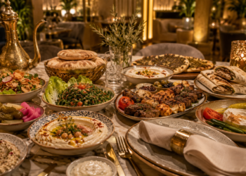 Best Lebanese restaurants in Dubai table with mezze, hummus, tabbouleh, mixed grills, shawarma, fresh bread and warm golden restaurant lighting.