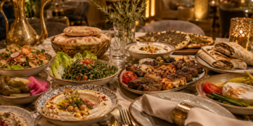 Best Lebanese restaurants in Dubai table with mezze, hummus, tabbouleh, mixed grills, shawarma, fresh bread and warm golden restaurant lighting.