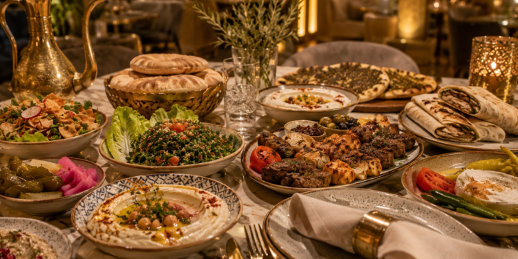 Best Lebanese restaurants in Dubai table with mezze, hummus, tabbouleh, mixed grills, shawarma, fresh bread and warm golden restaurant lighting.