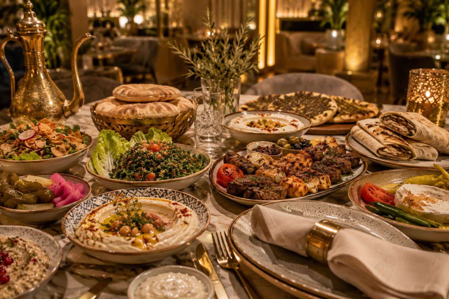 Best Lebanese restaurants in Dubai table with mezze, hummus, tabbouleh, mixed grills, shawarma, fresh bread and warm golden restaurant lighting.