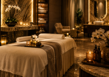A premium Dubai luxury spa treatment room with massage bed, candles, towels, marble details and warm golden lighting.