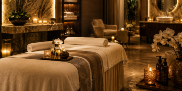 A premium Dubai luxury spa treatment room with massage bed, candles, towels, marble details and warm golden lighting.