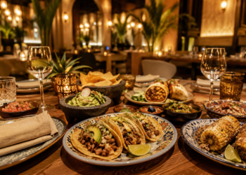 A premium Dubai Mexican restaurant table with tacos, guacamole, salsa, burritos, churros, colourful plates and warm golden lighting.