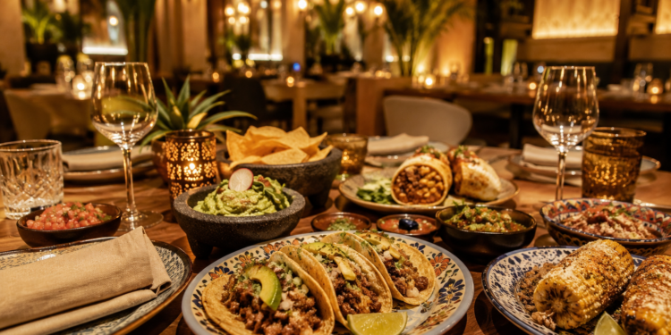 A premium Dubai Mexican restaurant table with tacos, guacamole, salsa, burritos, churros, colourful plates and warm golden lighting.