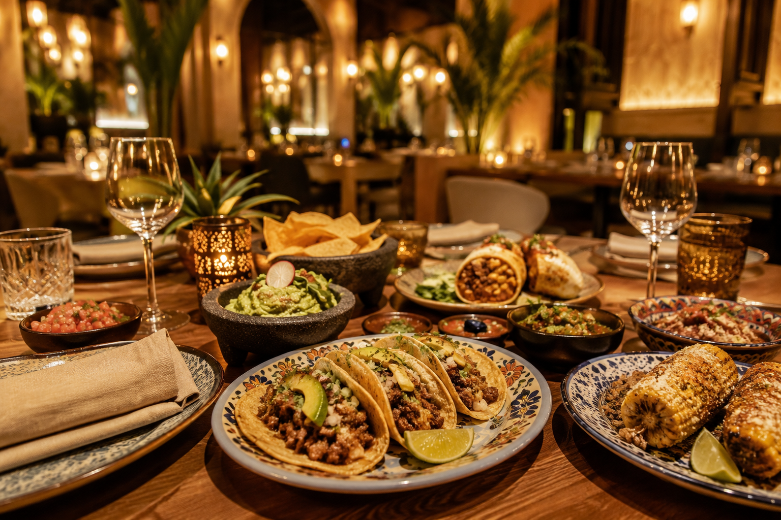 A premium Dubai Mexican restaurant table with tacos, guacamole, salsa, burritos, churros, colourful plates and warm golden lighting.
