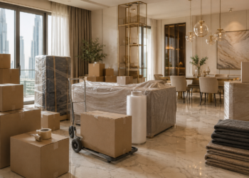 Best moving companies in Dubai scene with packed moving boxes, wrapped furniture, a bright apartment and organised relocation supplies.