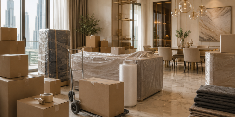 Best moving companies in Dubai scene with packed moving boxes, wrapped furniture, a bright apartment and organised relocation supplies.