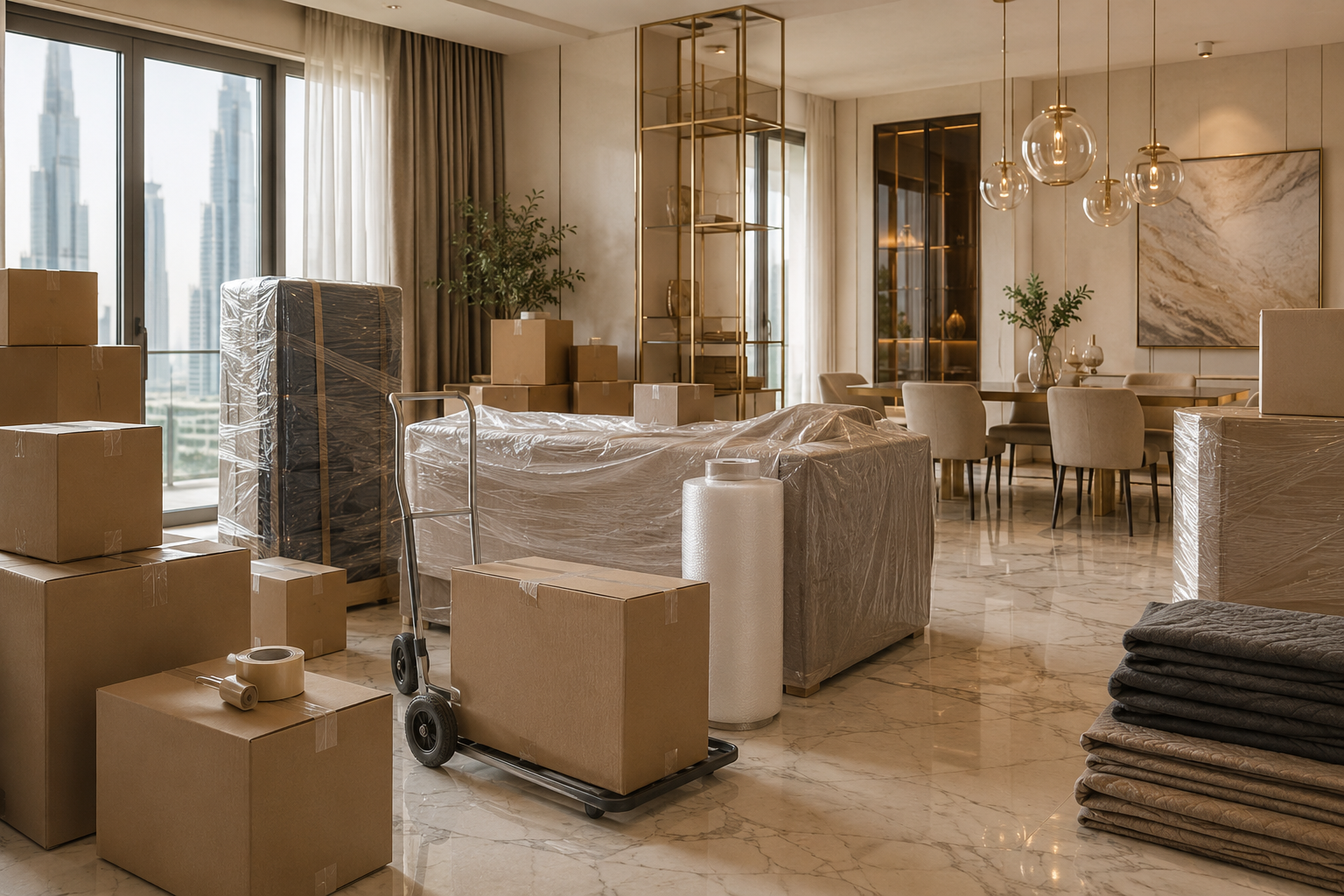 Best moving companies in Dubai scene with packed moving boxes, wrapped furniture, a bright apartment and organised relocation supplies.