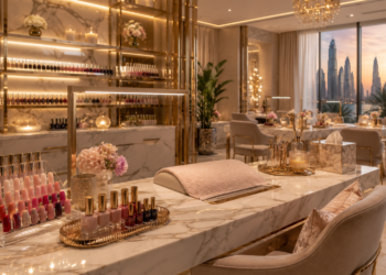 A premium Dubai nail salon with elegant manicure stations, polished nails, soft lighting and luxury beauty details.