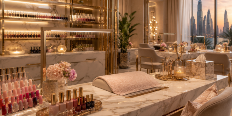 A premium Dubai nail salon with elegant manicure stations, polished nails, soft lighting and luxury beauty details.