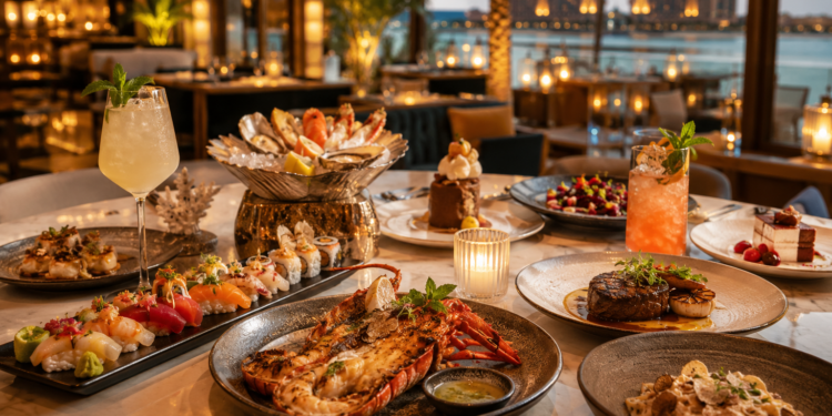 A premium Palm Jumeirah restaurant table with elegant seafood, sushi, steak, pasta, desserts and warm golden lighting.