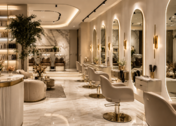 A premium Dubai hair salon interior with styling chairs, mirrors, hair tools, soft lighting and luxury beauty salon details.