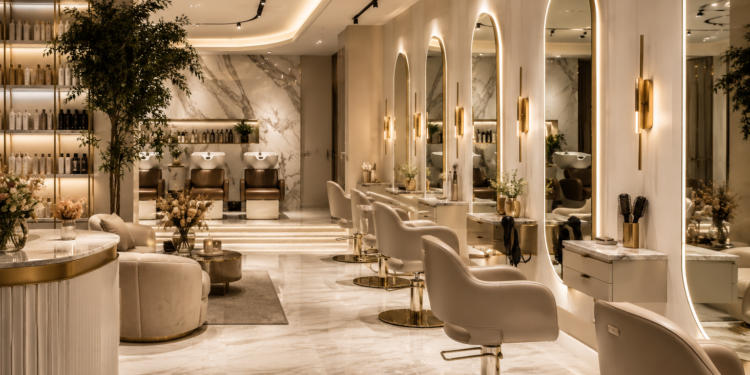 A premium Dubai hair salon interior with styling chairs, mirrors, hair tools, soft lighting and luxury beauty salon details.