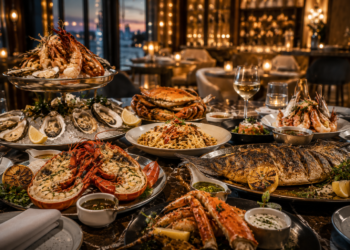 A premium seafood restaurant table with oysters, lobster, prawns, grilled fish, seafood pasta, lemon, sauces and elegant Dubai dining details.