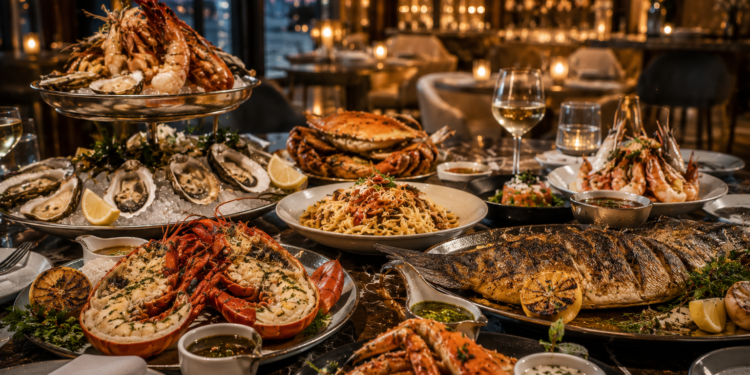 A premium seafood restaurant table with oysters, lobster, prawns, grilled fish, seafood pasta, lemon, sauces and elegant Dubai dining details.