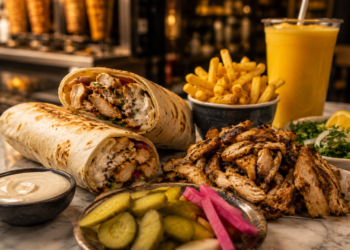 A premium Dubai shawarma scene with wrapped shawarma, garlic sauce, pickles, fries, fresh juice and warm golden street-food lighting.