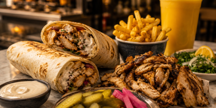 A premium Dubai shawarma scene with wrapped shawarma, garlic sauce, pickles, fries, fresh juice and warm golden street-food lighting.