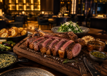 A premium Dubai steakhouse table with grilled steak, sauces, sides, steak knives and warm golden restaurant lighting.