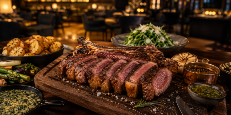 A premium Dubai steakhouse table with grilled steak, sauces, sides, steak knives and warm golden restaurant lighting.