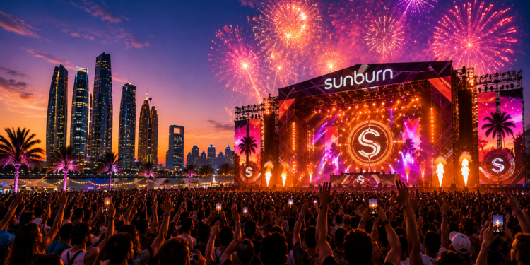 Illustration of an electronic music festival crowd and fireworks for Sunburn Festival Abu Dhabi 2026.