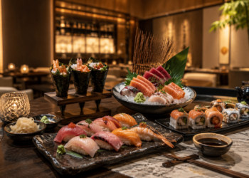 A premium sushi spread with nigiri, sashimi, maki rolls, soy sauce, chopsticks and elegant Japanese plates in Dubai.