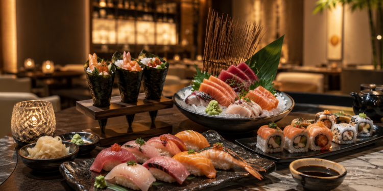 A premium sushi spread with nigiri, sashimi, maki rolls, soy sauce, chopsticks and elegant Japanese plates in Dubai.