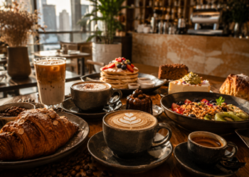 A premium Dubai café table with coffee, iced latte, pastries, pancakes, desserts, fresh fruit and stylish café details.
