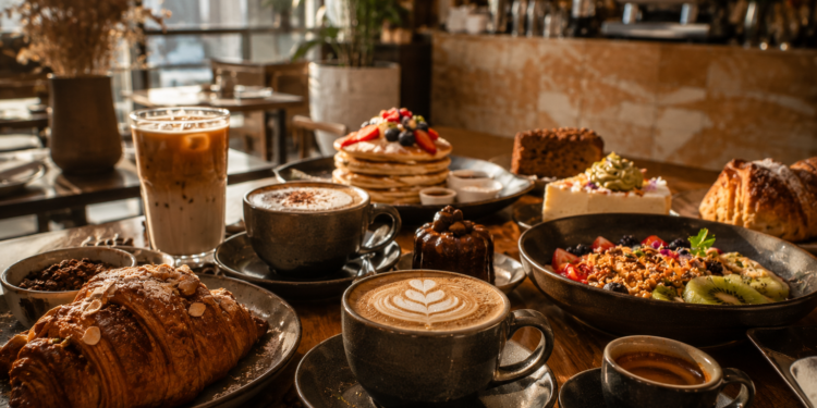 A premium Dubai café table with coffee, iced latte, pastries, pancakes, desserts, fresh fruit and stylish café details.