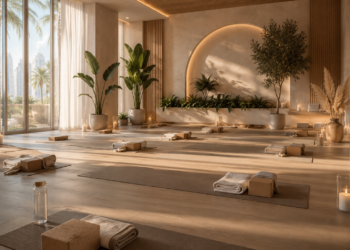 A premium Dubai yoga studio with mats, candles, plants, soft natural lighting and a calm wellness atmosphere.