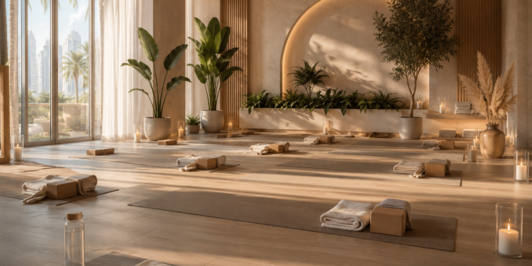 A premium Dubai yoga studio with mats, candles, plants, soft natural lighting and a calm wellness atmosphere.